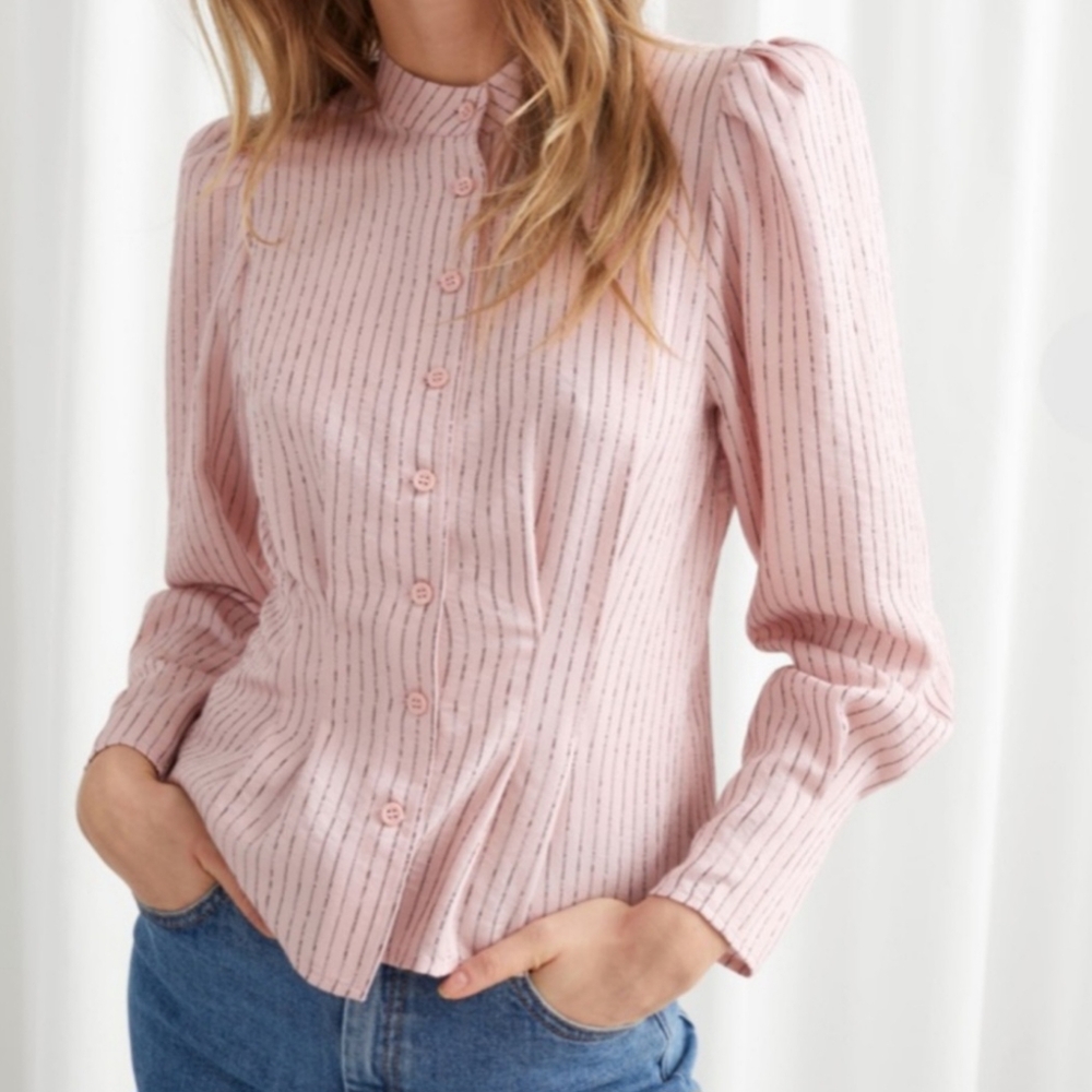 Paris Atelier & Other Stories Pink Metallic Striped Button Down Blouse, Size 0